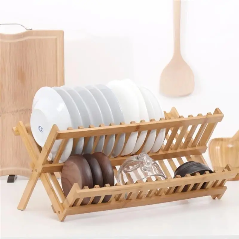 

Dish Rack Bamboo Double Layer Collapsible Dish Drainer Utensil Plate Ventilation Drying Rack for Kitchen Countertop