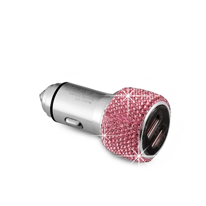 Pink Car charger Алмазный Кристалл Двойной зарядное устройство USB линия Bling горный хрусталь автомобильного прикуривателя Универсальный кабель для передачи данных для iPhone Xiaomi huawei - Название цвета: Pink Car charger