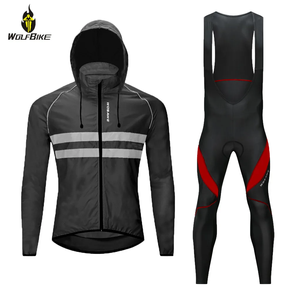 

WOSAWE Windproof Cycling Clothing Long Sleeve Men Bike Bib Pants Bicycle Jersey Gel Padded Tight Kit MTB Windbreaker Jacket Set