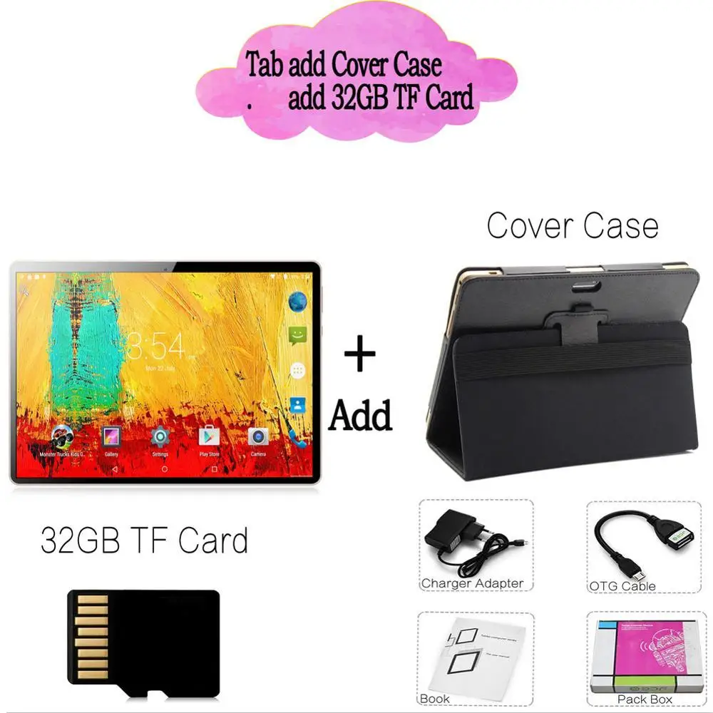 Add Cover 32GB TF Планшетный ПК 10 дюймов Octa Core 3g Телефонный звонок 10,1 Планшеты 4G+ 64G Android 7,0 tab Google Рынок gps, Wi-Fi, FM, Bluetooth - Комплект: Add Cover 32GB TF