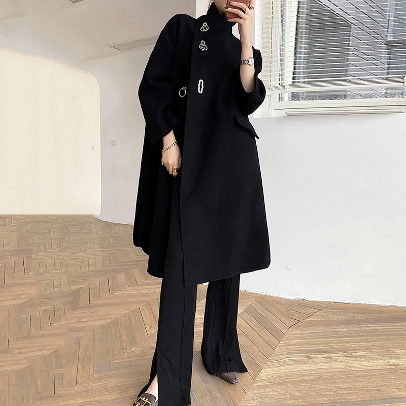 

[EAM] Loose Fit Black button Thick Woolen Coat Parkas New Suit Collar Long Sleeve Women Fashion Tide Autumn Winter 2021 1DD3048