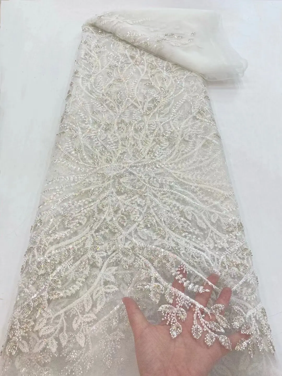 

Luxury Beads Lace Handmade Fabric French Wedding Dress Latest Nigeria Cotton Embroidery White Good Price with Stones New