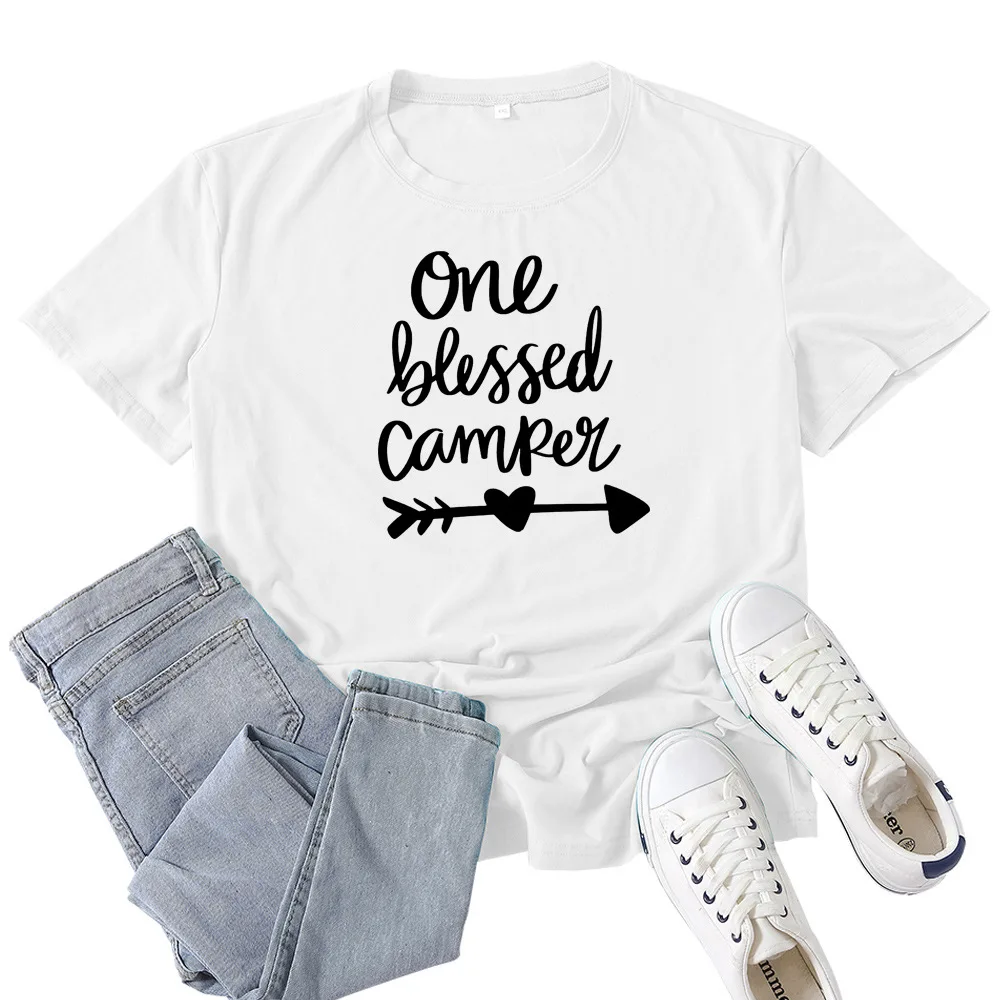 

One Blessed Camper Print T Shirt Women Short Sleeve O Neck Loose Tshirt Summer Women Causal Tee Shirt Tops Camisetas Mujer