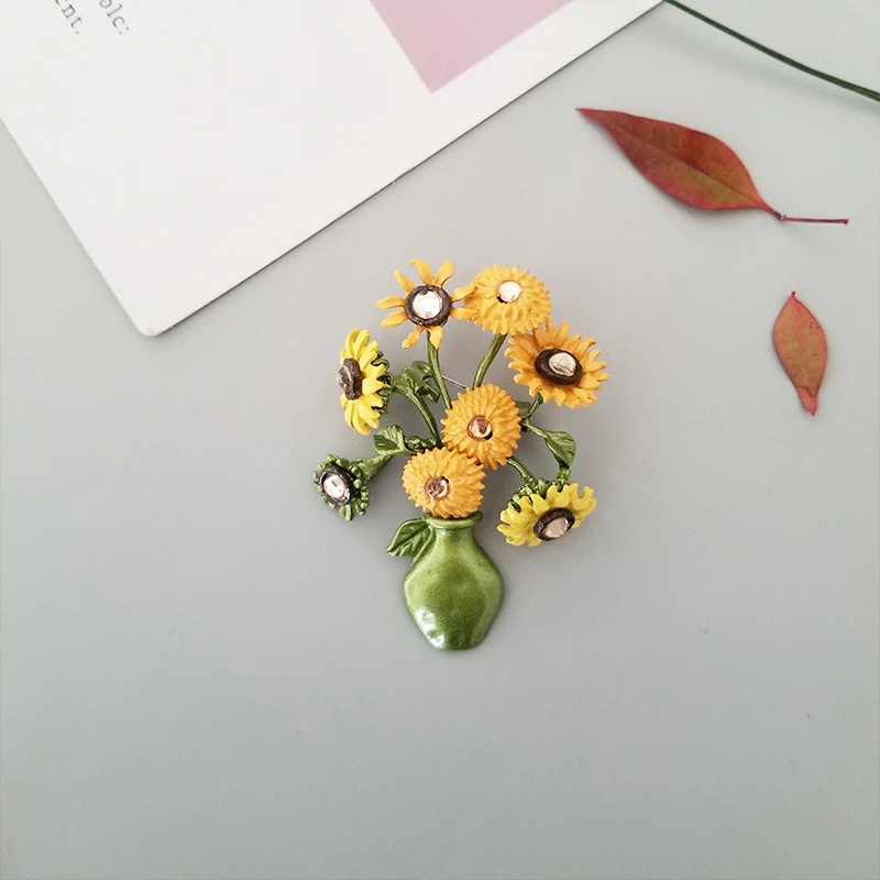 

Vase of sunflowers Brooch Custom rhinestone corsage Brooches for Bag Paint simulation flower Clothes sweater Lapel Jewelry Gifts