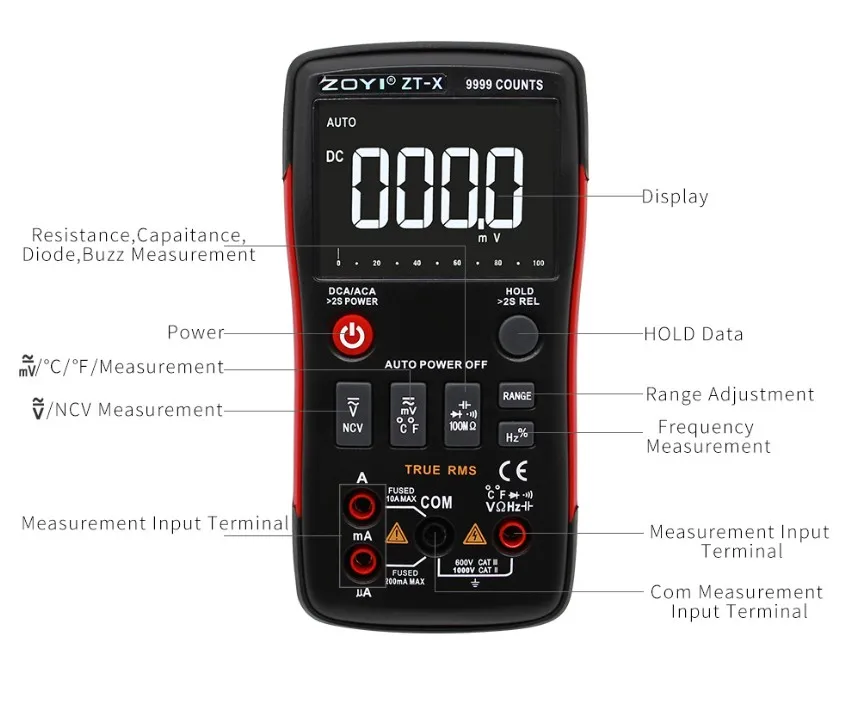 

True-RMS AUTO Range Digital Multimeter AC/DC Voltmeter Ammeter 9999 counts NCV HOLD LCD backlight display like RM409B