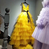 yellow deep v neck sexy prom dresses with sash tiered cake skirts evening dress tulle long train party gowns prom dress 2020
