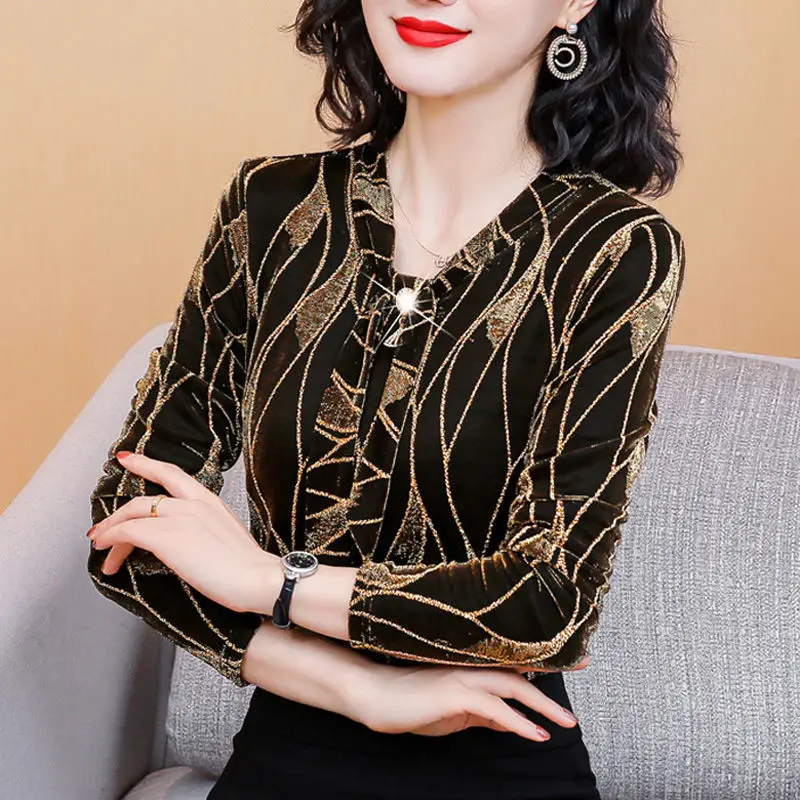 

Spring Autumn Long Sleeve Women Shirts Elegant Temperament Blouses Stylish V-Neck Ladies Print Loose Tops Bluasa MM0931