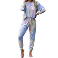 hot kf tie dye drawstring casual tracksuits lounge wear women two piece set spring street tops and pants set suits 2pcs