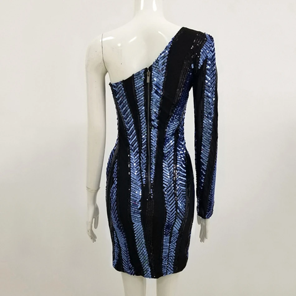 

Spring 2020 Bodycon Mini Dress Sexy Women's Word Shoulder Long Sleeve Striped Sequin Mesh Split Belt Party Dress Vestidos