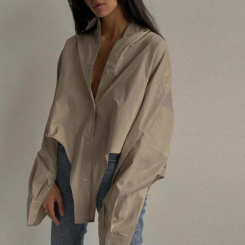 

CHRONSTYLE Y2K Women Shirts Streetwear 2021 Sexy Women Button Up Irregular Hem Loose Causal Long Sleeve Summer Fall Shirts Solid