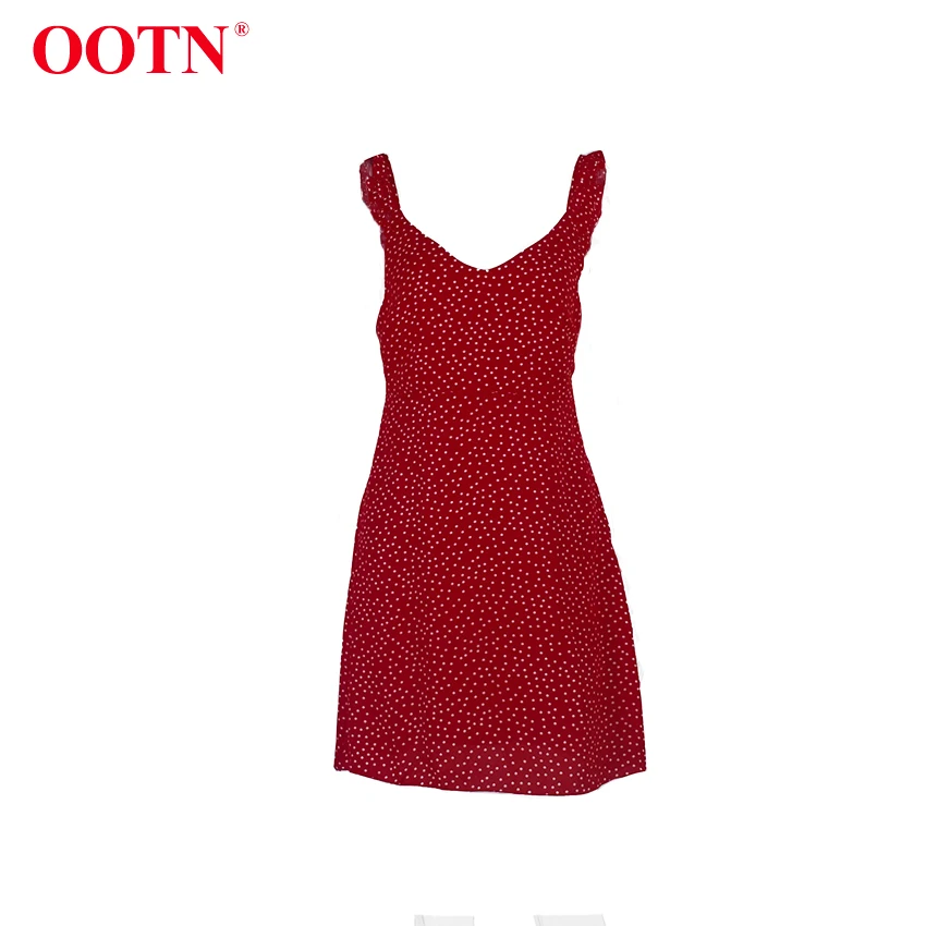 OOTN платье в красный горошек с оборками, женское летнее платье с открытой спиной на шнуровке, элегантное платье без рукавов на бретельках