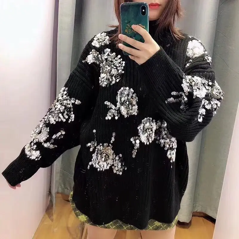 

Knitted Sweater Women Spring Autumn Oversized Loose Casual Sequin Pullover Clothes Top za pull femme hiver jersey mujer sweter