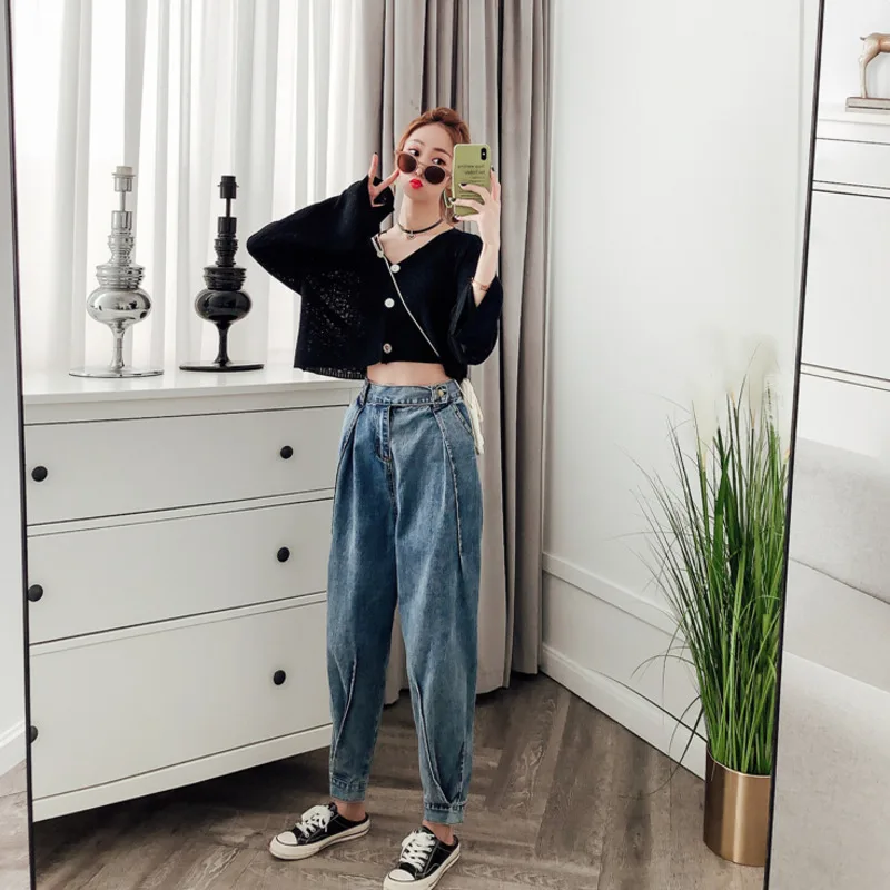 DEAT однотонные с высокой талией складные прямые женские ковбойские девять точек