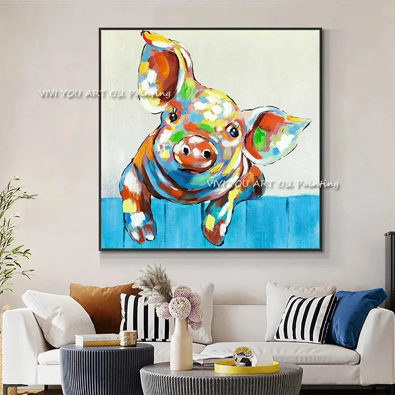 

100% Handmade Graffiti Colorful Cute Pig Oil Painting Blue Modern Cartton Canvas for Kids Living Room Cuadros Wall Art Picture