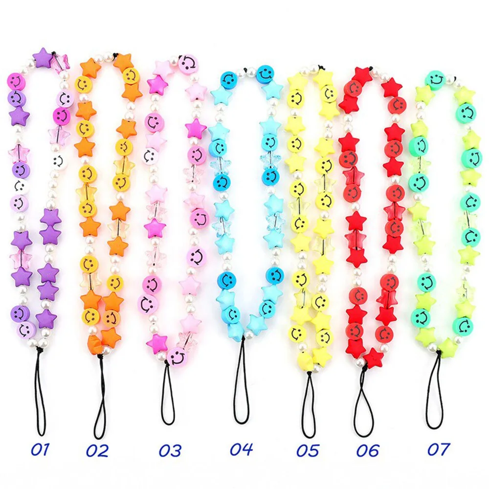 2021 fashion five-pointed star smiley face mobile phone chain soft ceramic beads ladies mobile phone chain jewelry lanyard