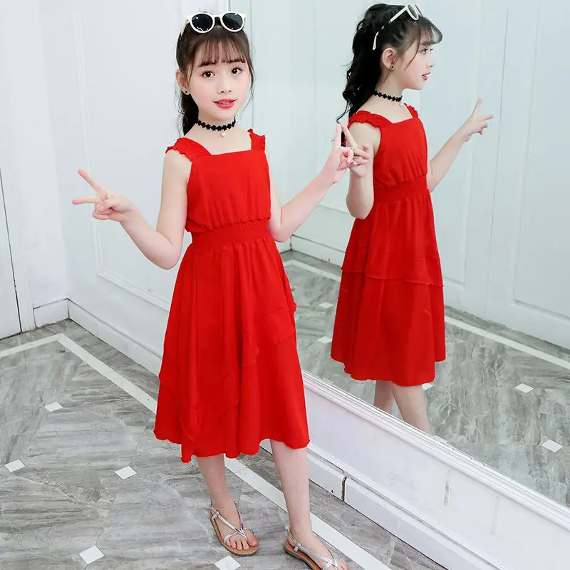 

Summer Dress For Girls Casual Beach Sundress Teenager Kids Children Toddler Sweet Ruffles Pleated Dress Chiffon Princess Clothes