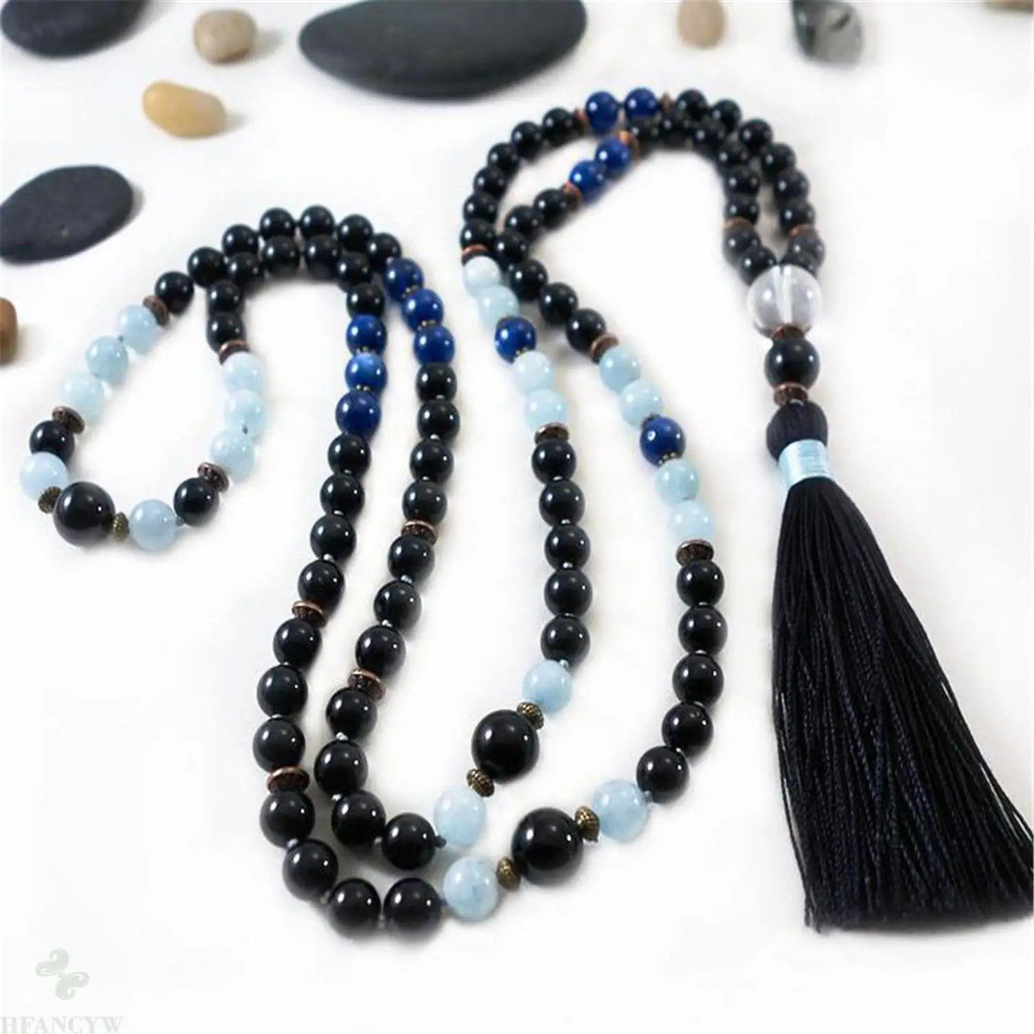 

8mm Obsidian 108 Beads Handmade Tassel Necklace Japa Buddhism Religious Meditation Mala Classic