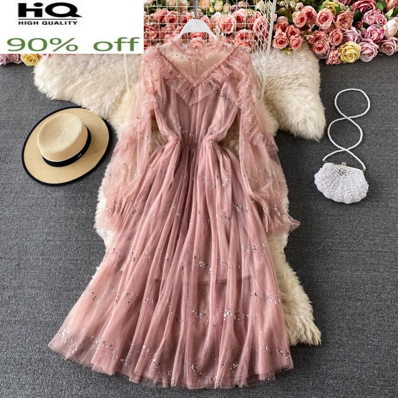 

Spring Summer Dress 2022 Korean Fashion Midi Dress Woman Long Sleeve Dresses for Women Elegant Pink Vestido De Mujer Pph3807