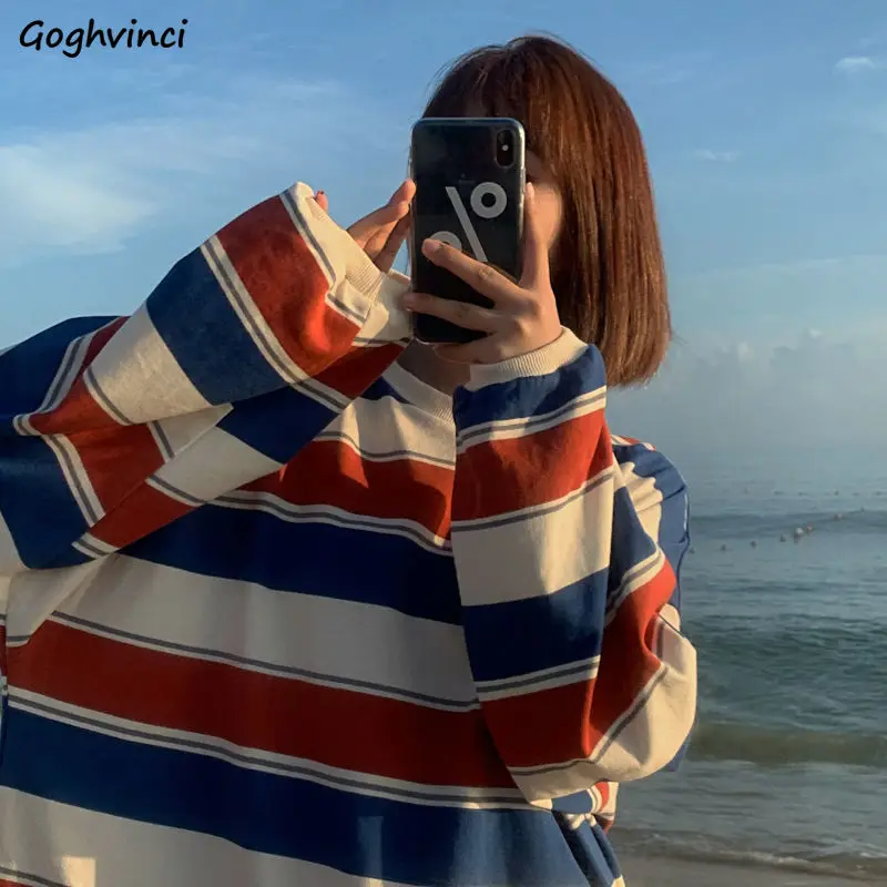 

No Hat Hoodies Women Thin Autumn Striped Printing Sweatshirts Womens Loose Ins All-match Preppy Style Casual Tops Ladies Chic