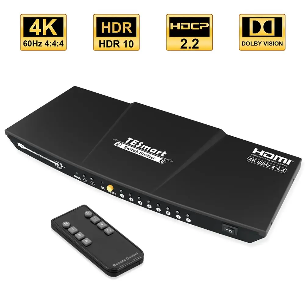 TESmart   HDMI splitter 2 in 8 output  4K 60Hz 2.0 black HDCP, HDR, EDID