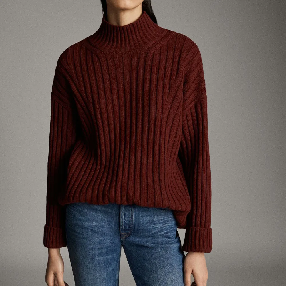 

DiYiG WOMAN 2021 Autumn New commuting versatile red turtleneck ribbed women's knitted sweater loose pullover sweater