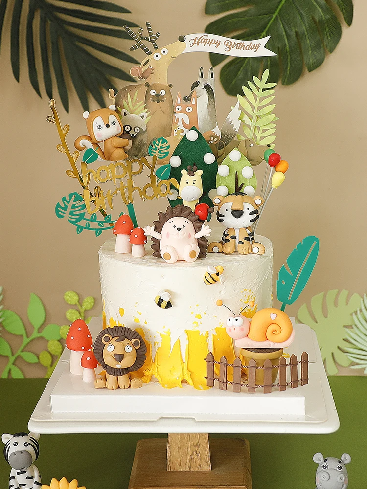 Cake Toppers decorazione riccio tigre leone pianta lumaca buon compleanno festa ragazzo morbido