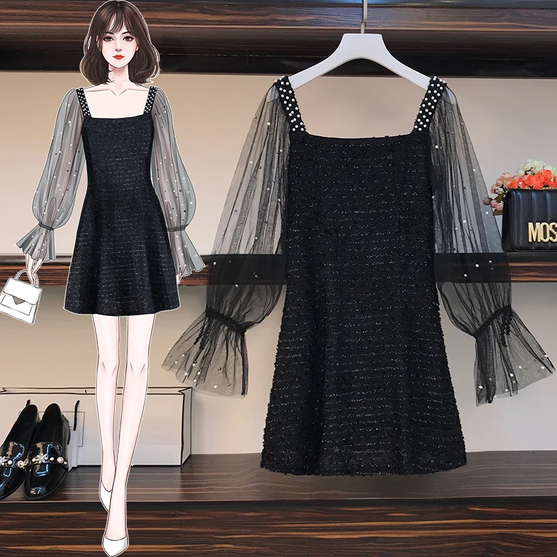 

4XL Plus Size Women Sexy Beading Dresses Spring 2021 See through Mesh Long Sleeve Patchwork Ladies Tweed Mini Party Dress Black