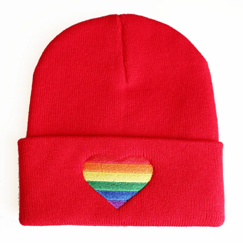 

Rainbow Heart Knitted Hat Winter Autumn Beanies 100% Acrylic Soft Skullies Cap Black Navy Red