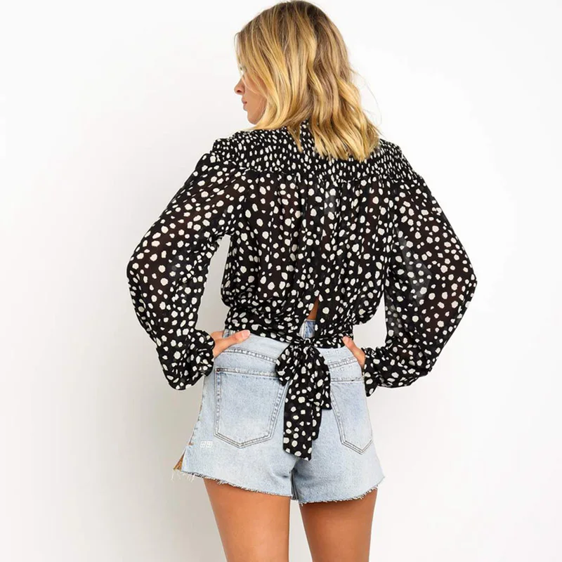 

Turtleneck Blouse Women Long Sleeves Shirt Print Crop Top Chiffon Short Shirt Office Lady Blouse Fashion Chic Streetwear HZ-248
