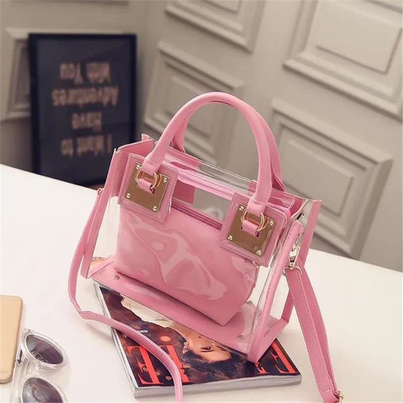 Transparent handbag women Girl Fashion Beach Bag pvc material metal parts pu leather Handbags  crossbody messenger clutch purse