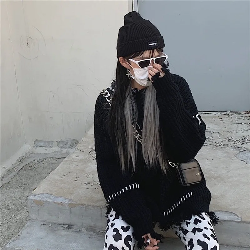 

Pullovers Women Patchwork Tassel Personalized Sweaters Female Vintage Couple Winter Autumn Loose Trendy Chic BF Ulzzang Harajuku
