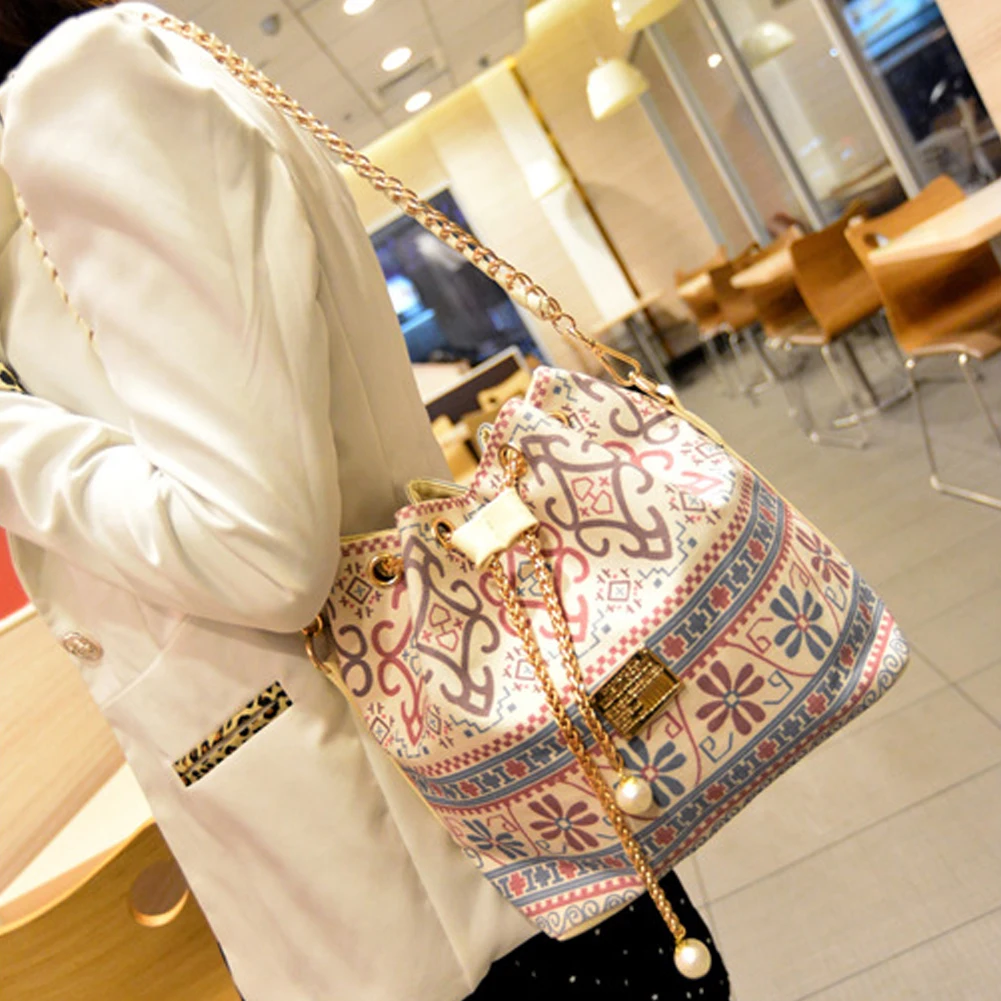 

Women Fashion Casual Dating Single Shoulder Shopping Pearl Pendant Printed Gift PU Leather Daily Street Bucket Bag