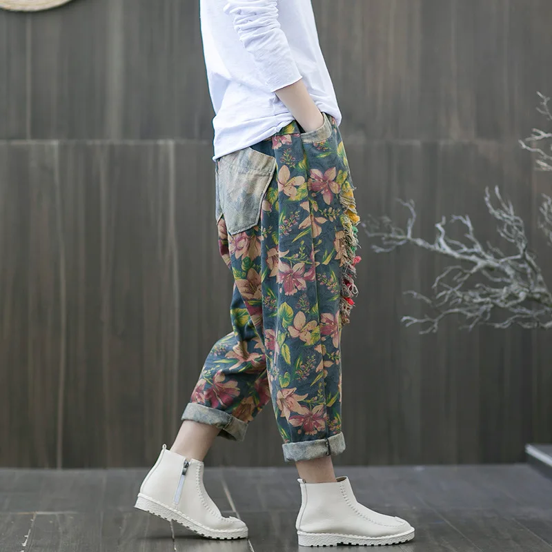 

Fashion Punk Elastic Waist Colorful Fray Ripped Loose Harem Cropped Denim Trousers Printing Jeans Women Artistic Vintage