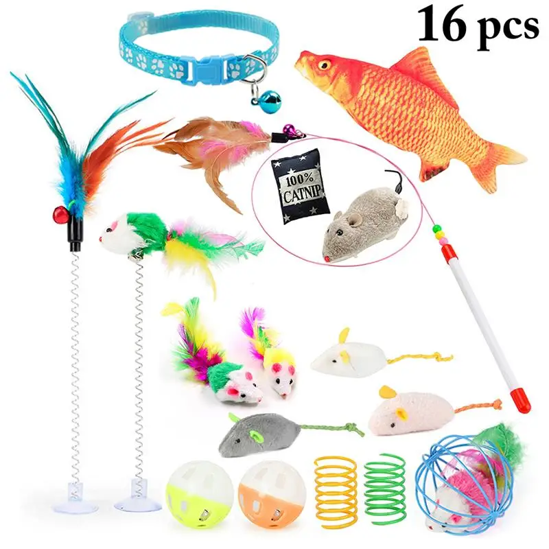 

16 Pcs/Set Cat Toy Interactive Cat Spring Toy Funny Kitten Teaser Wand With Feather Kits Pet Bell Ball Toys For Cat Supplies