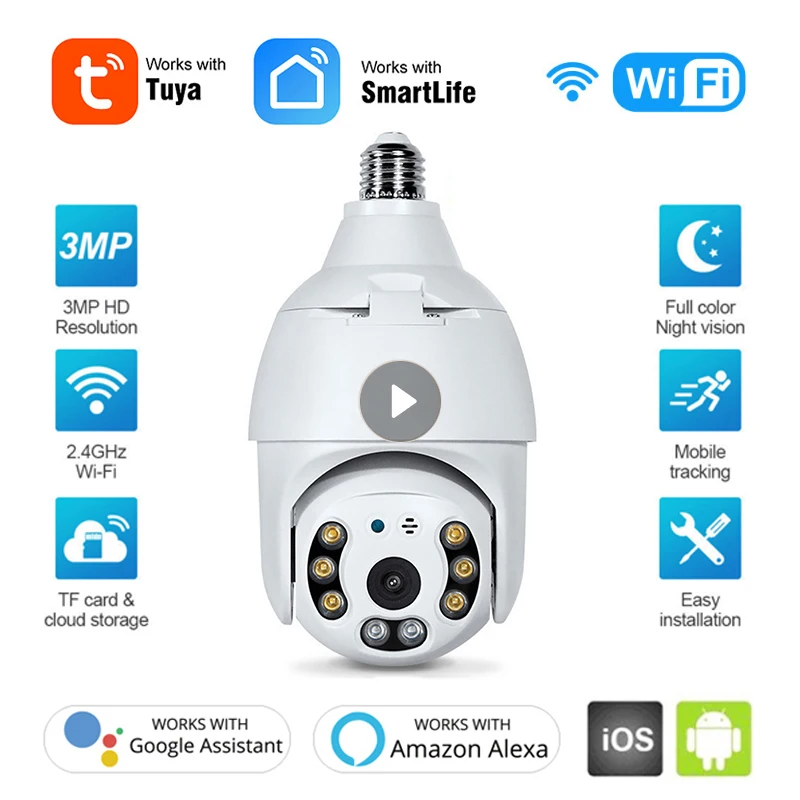 

Камера Наружного видеонаблюдения с лампочкой E27, беспроводная инфракрасная PTZ-камера с функцией ночного видения, 3 Мп, Wi-Fi, Onvif, для семьи