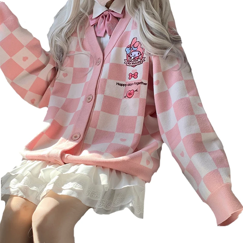 Kawaii เสื้อกันหนาวไหมพรมอะนิเมะ Kuromi ของฉัน Melody อบเชยเสื้อกันหนาวการ์ตูนถัก Checkerboard แขนยาวหลวมด้านบ...