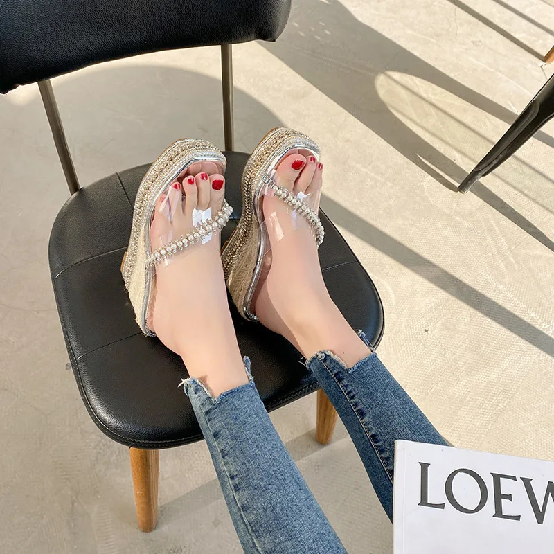 

Женские босоножки на танкетке, универсальные сандалии с квадратным носком и перекрестными ремешками, со стразами, на высоком каблуке и плат...