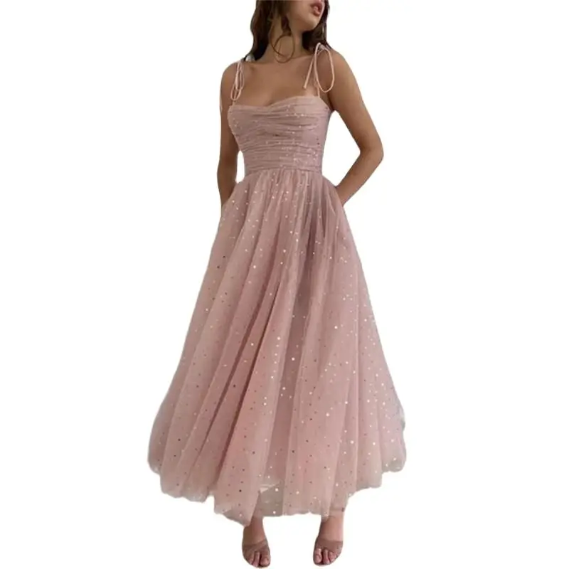 

Women Dress Sequins Mesh Party Dresses Pink Sleeveless Sexy Patchwork Retro Sexy Long Girls Summer Dresses 2022 Fashion