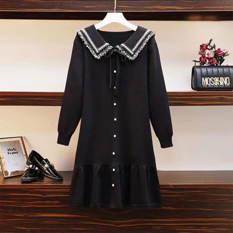 

Dressed Elegant Women's Knitted Sweater, Autumn Korean Fashion 2021, Peter Pan Collar, Casual Sleeve Dress
