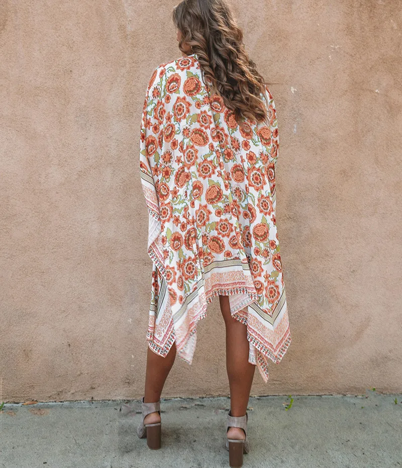 TEELYNN chiffon floral print bikini cover up for women robe boho beach wear summer Cardigan casual long blouse shirt kimono top | Женская