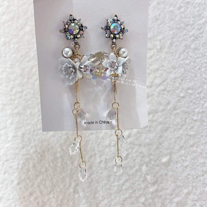 

MENGJIQIAO Korean Fashion Metal Flower Drop Dangle Earrings For Women Elegant Long Crystal Party Jewelry Pendientes Gifts