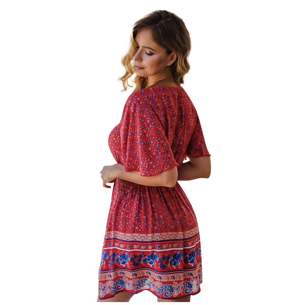 

Home&Nest Fashion Womens Casual Loose Sexy V-neck Short Sleeved Printing Dress Women's Party Sundress Sexy Female Vestidos