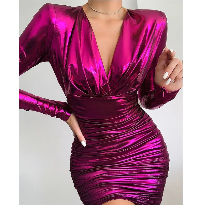 Fuchsia Shiny Long Sleeves V-neck Mini Bodycon Cocktail Dresses Short Robe Party dress femme vestidos coctel 2019 semi | Свадьбы и