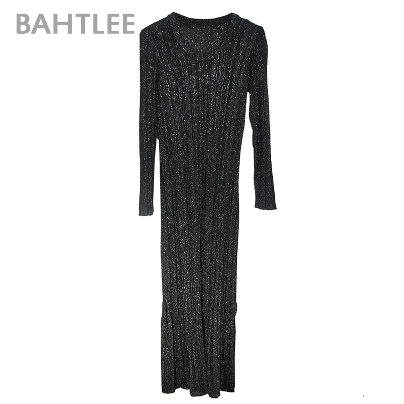 Женское платье с блестками BAHTLEE Серебряное длинными рукавами и круглым вырезом