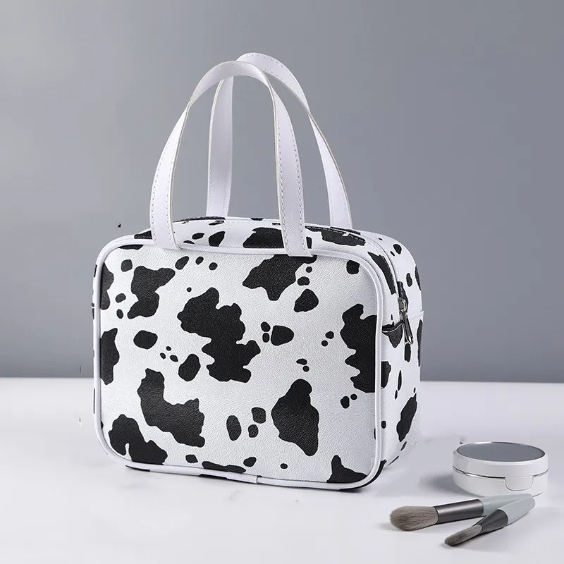 

PURDORED 1 Pc Women Cow Pattern Cosmetic Bag Zipper Large Makeup Bag Travel Waterproof Leather Washing Makeup Beauty Case