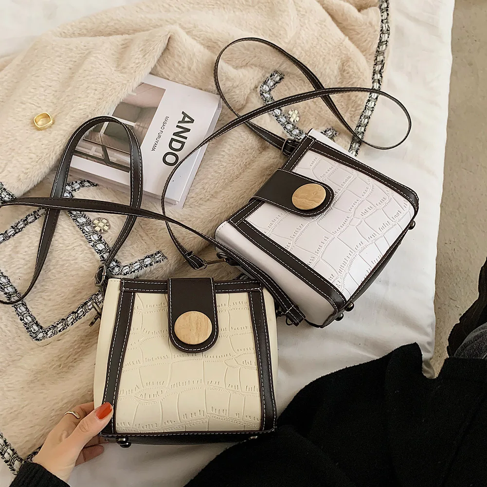 

Fashion Hit Color Flap Messenger Bags for Women 2020 Portable Stone Pattern Small Shoulder Tote PU Leather Street Bucket Handbag