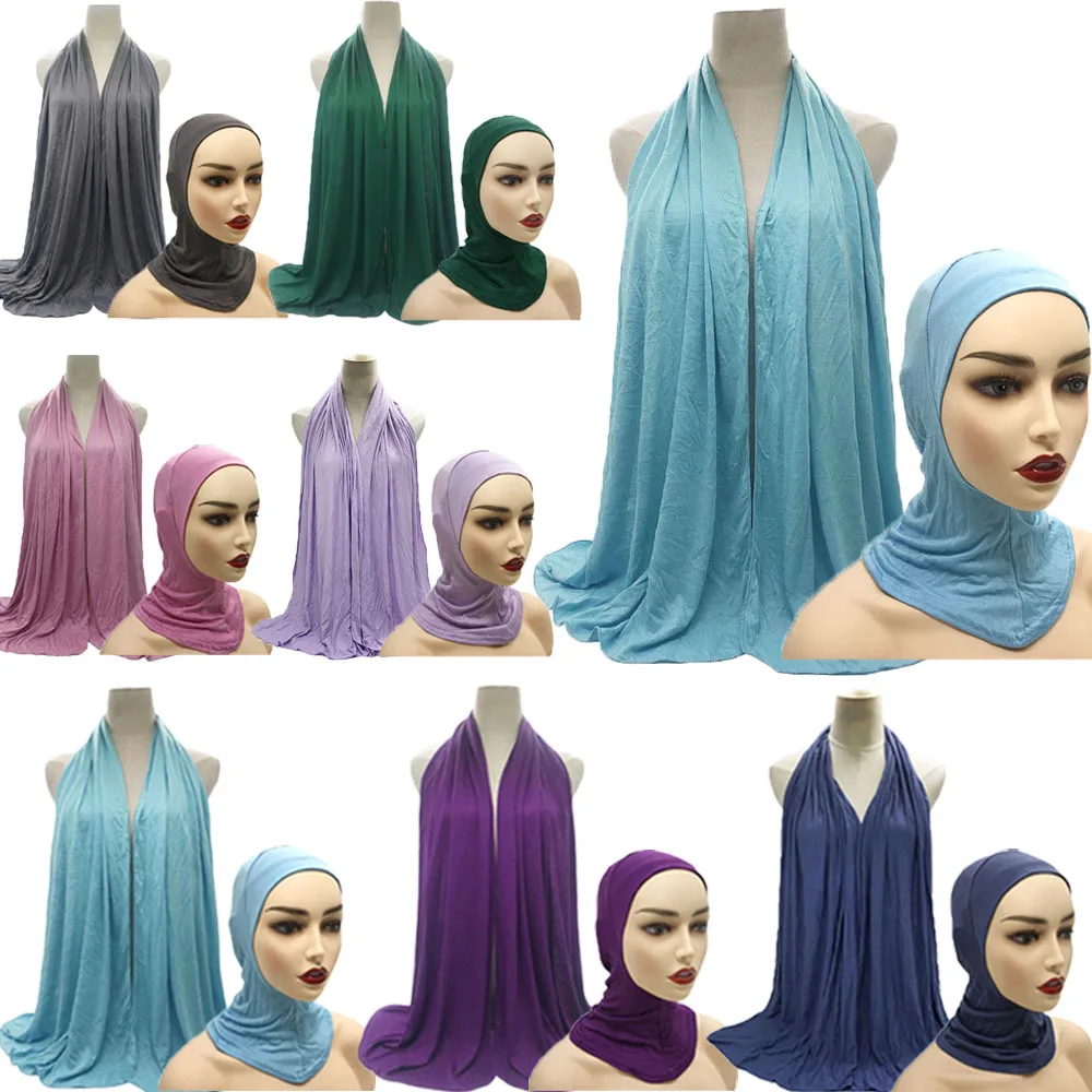 

Женский комплект из двух предметов, эластичный модал, хлопковый шарф, шапочка, тюрбан, шапка, шаль, мусульманский хиджаб, шарфы, шаль