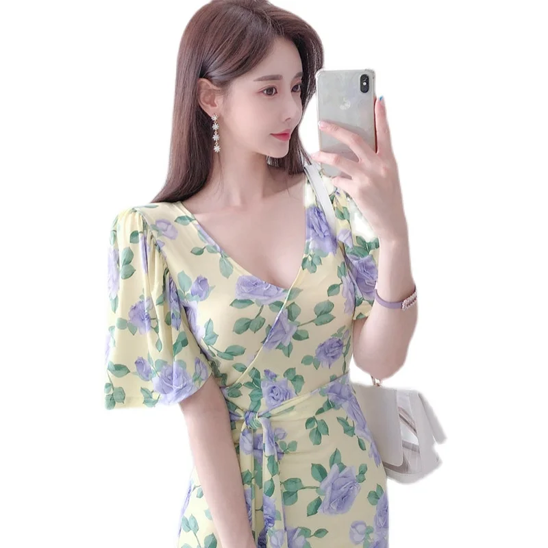 

Summer Floral Dress Women French Vintage Retro Split Dress Sexy Office Lady Casual Slim Fit Designer Fairy Mini Dress 2021 New