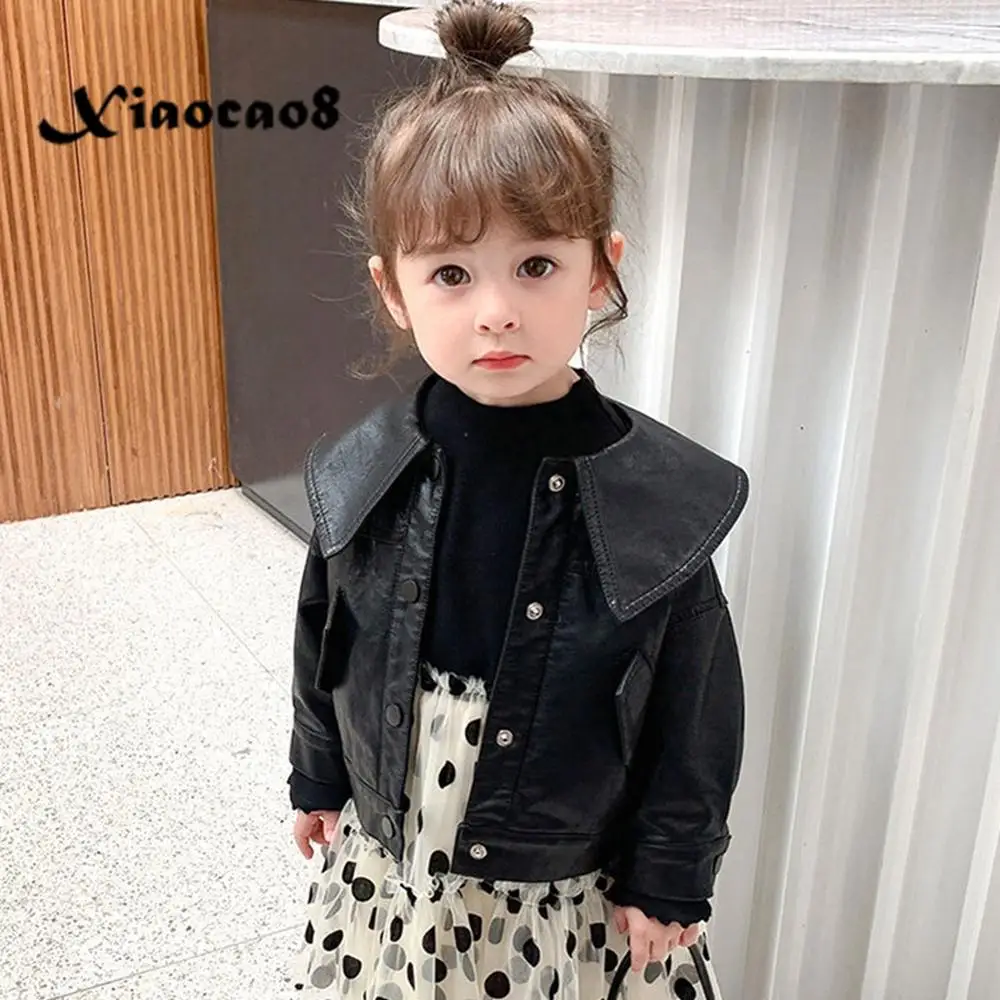 

Autumn Little Girls PU Leather Jackets Solid Turn-Down Collar Botton Toddler Baby Fall Clothes 2-13Years Children Outerwear 6 8