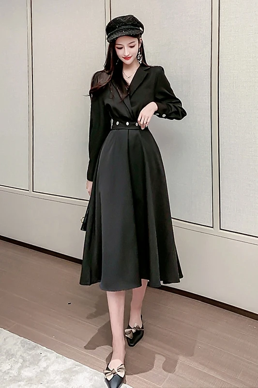 

COIGARSAM Full Sleeve Women dress New Spring High Waist Dresses Black 3632
